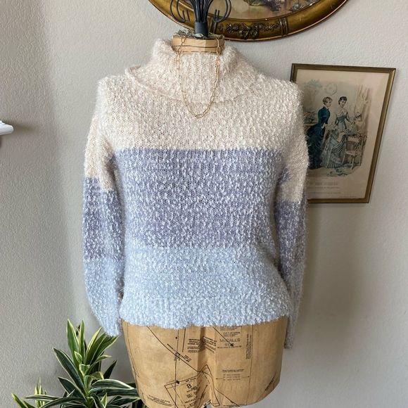 LC Lauren Conrad Sweaters - LC Lauren Conrad Cream Blue Stripe Fuzzy Turtleneck Sweater Trendy sz Small